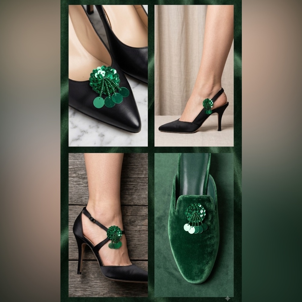 Vintage green sequins shoe clips NEW